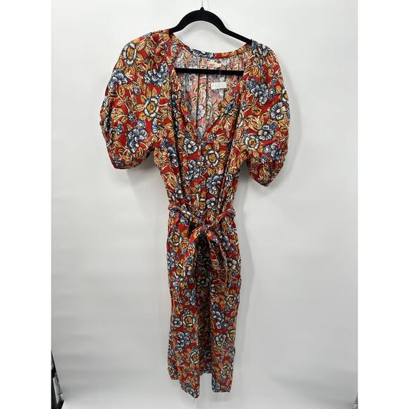 FAHERTY NWT Carmel Linen Blend Tie Waist Red Floral Button Down Midi Dress // M - Picture 5 of 16